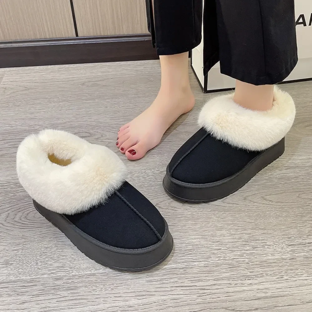 Зимние теплые плюшевые хлопковые тапочки на массивной платформе женские меховые