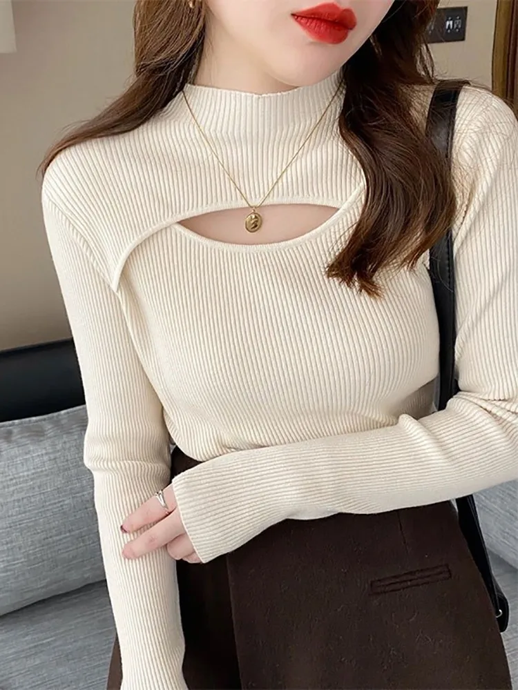 2024 вязаный женский свитер с высоким воротником пуловеры в рубчик осень-зима