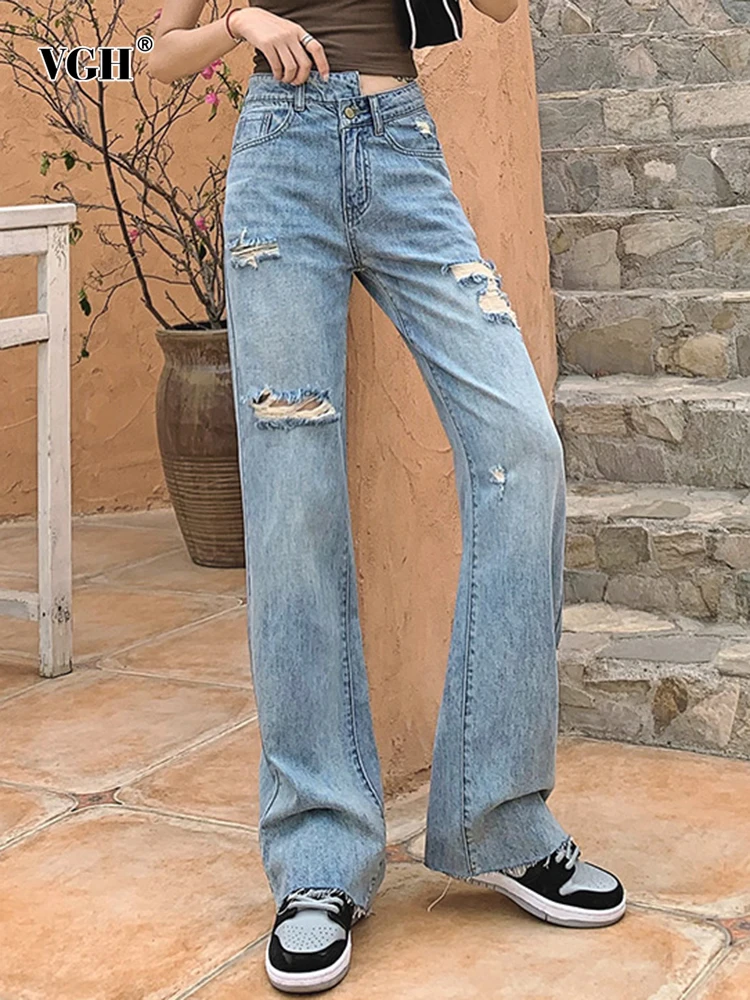 

VGH Casual Loose Wide Leg Denim Pants For Female High Waist Patchwork Hole Straight Long Women's Jeans 2022 Spring Clothing New