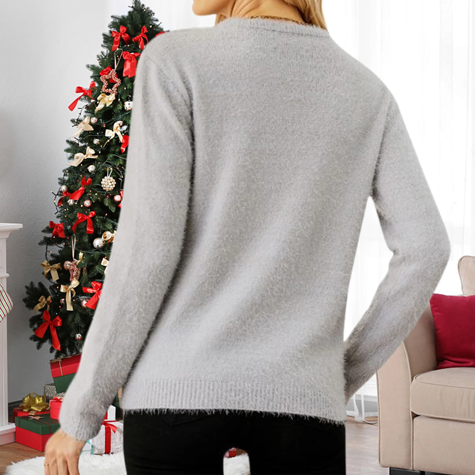 

Женский трикотажный свитер свободного кроя с рисунком медведя, трикотажный топ, свитер с длинным рукавом и круглым вырезом, рождественский стиль, одежда для отпуска