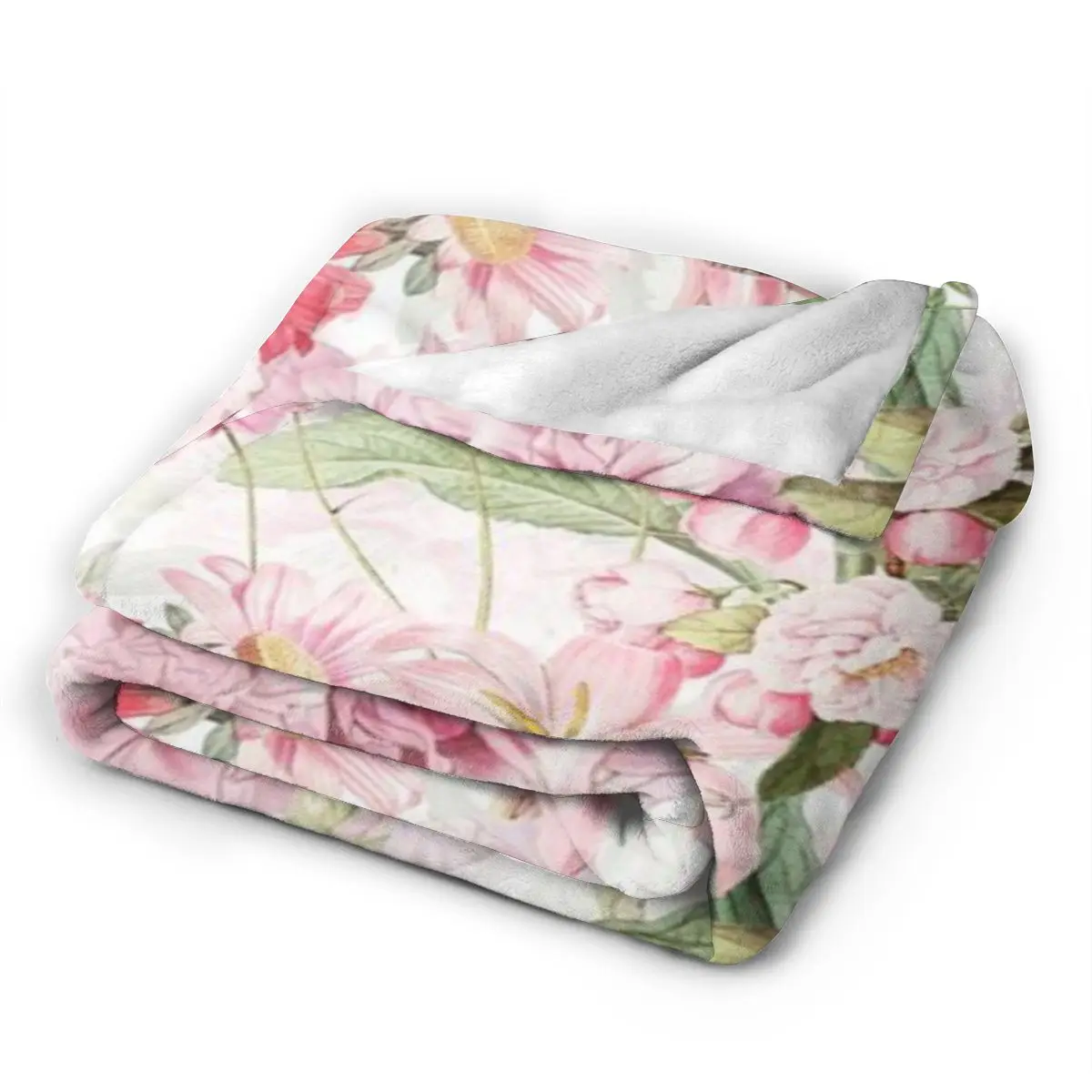 Винтажное ультрамягкое одеяло из микрофлиса с розовым весенним цветком и лугом в