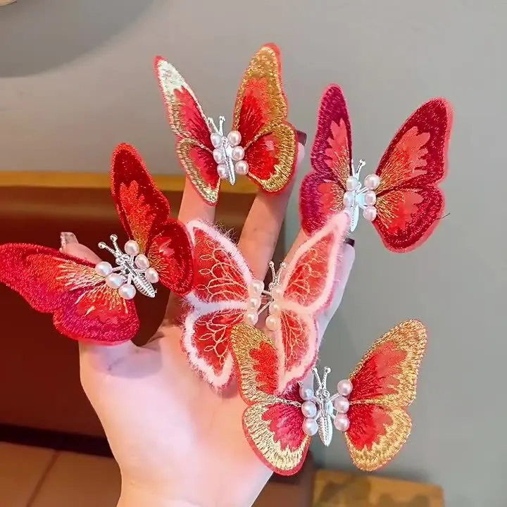 Новая китайская красная заколка с вышивкой движущаяся бабочка боковой зажим