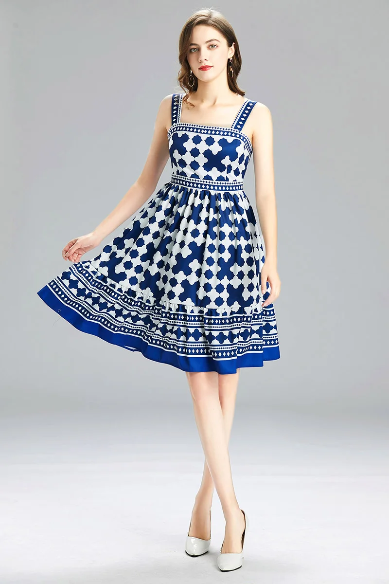 

Banulin Summer Runway Fashion Sicilian Spaghetti Strap Dress Women Retro Printing Colorful Knee Suspender Camisole Dress