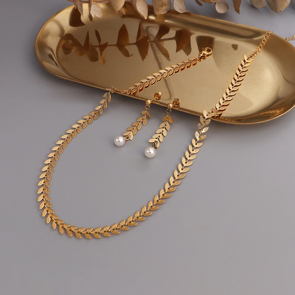 

CARLIDANA 2pcs/Set Vintage Leaf Chain Necklace/Earrings Minimalist Arrow Non Tarnish Stainless Steel Jewelry for Women Daily