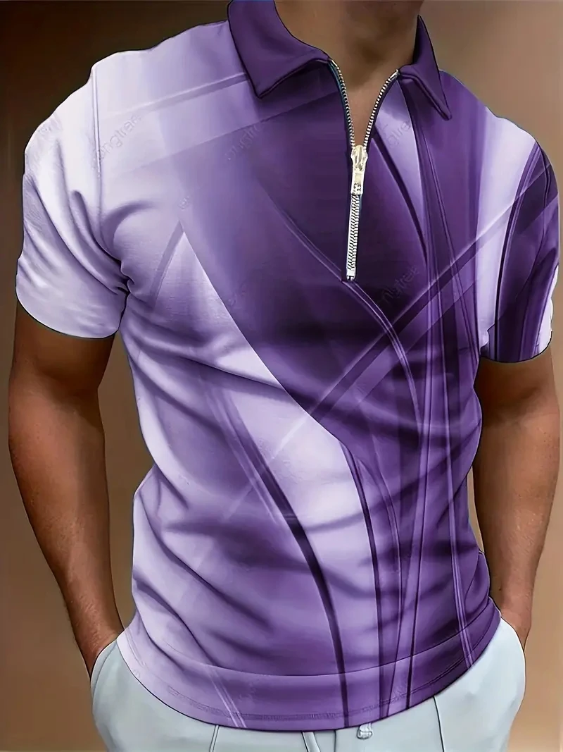 

2023 Summer Quick Sale New Creative Fashion Polo Aurora Print Casual Zipper Short Sleeve Baseball uniform T-shirt