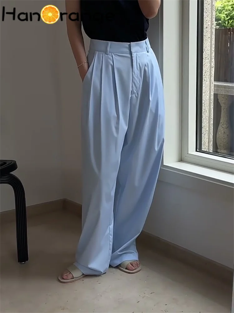 

HanOrange 2022 Summer High Waist Wide Leg Pants Women Loose Thin Drapey Mopping Trousers Female Cool Feeling Black/Light Blue