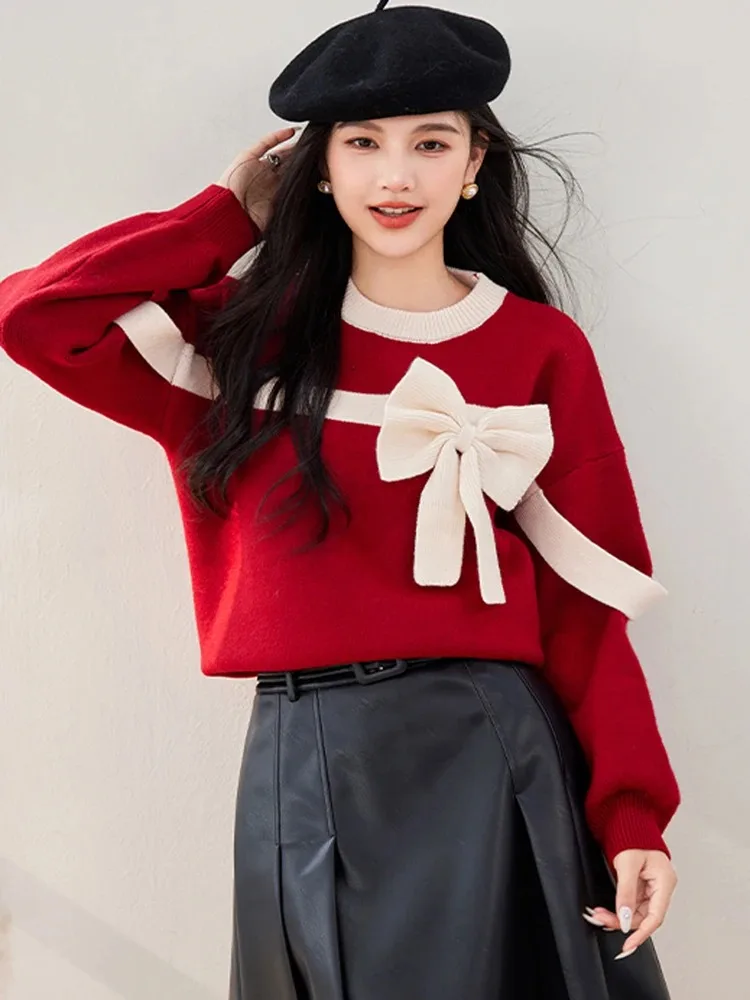 Женский Вязаный Пуловер С Круглым Вырезом Топ Бантом Повседневный Свитер