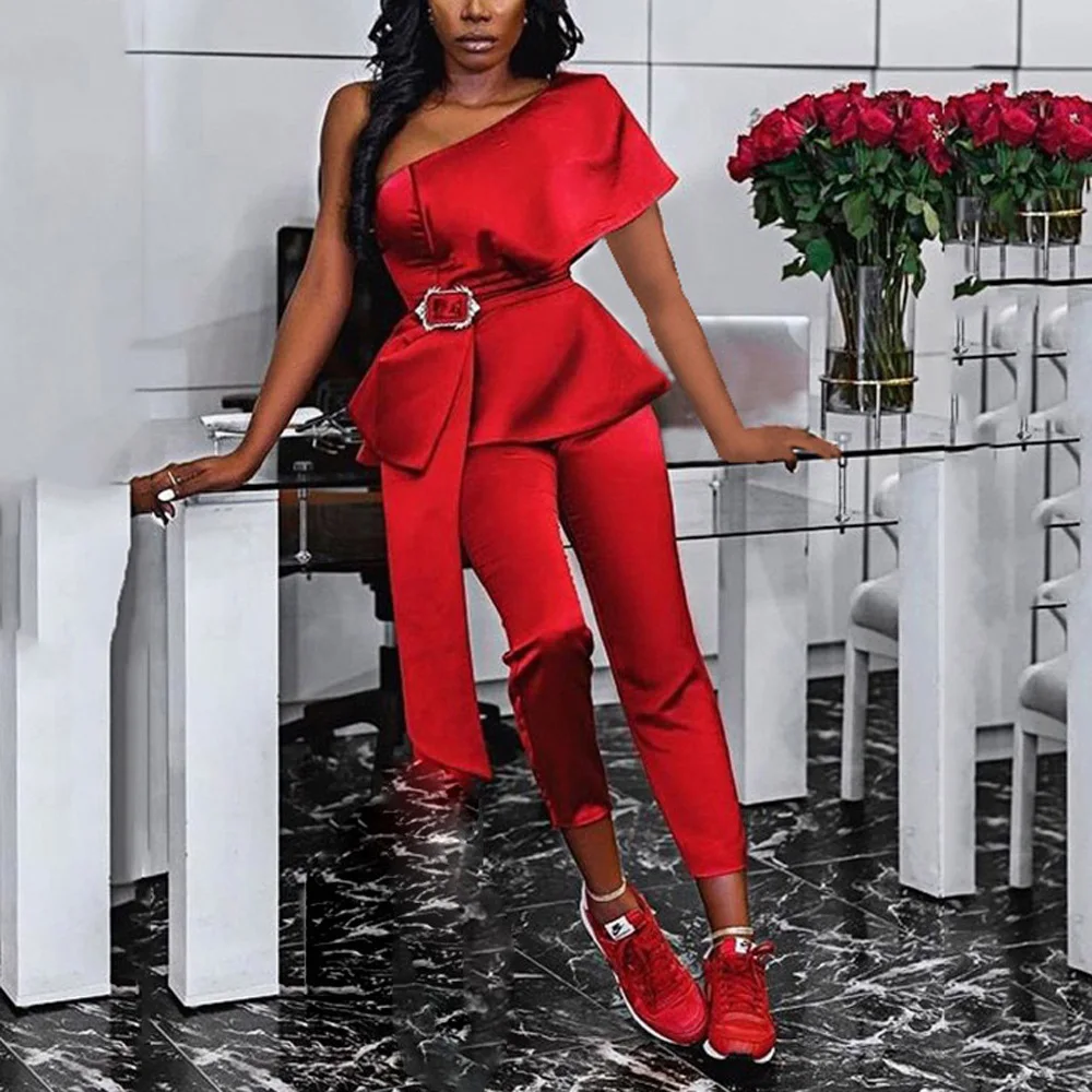 2022 New Red Jumpsuits & Rompers for Women Solid Bodycon One Shoulder High Waisted Elegant Evening Night Party Club Long Overall