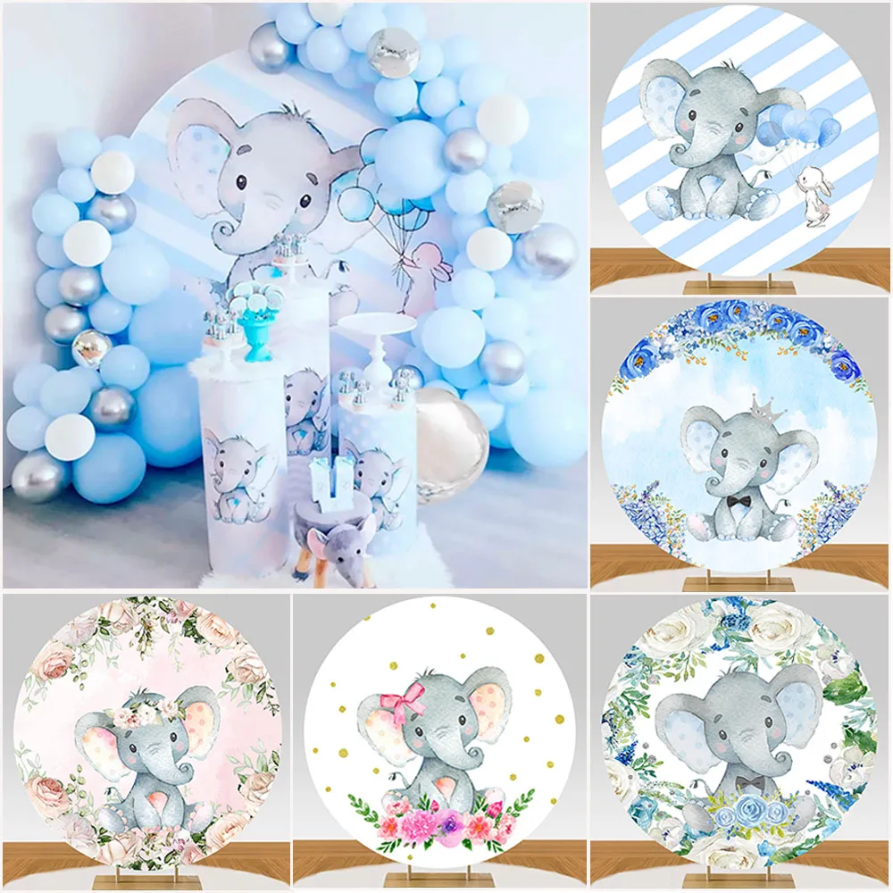 Round Backdrop for Cute Elephant Baby Shower Circle Photography Background Flowers Child Kids Birthday Party Decor Photo Props
