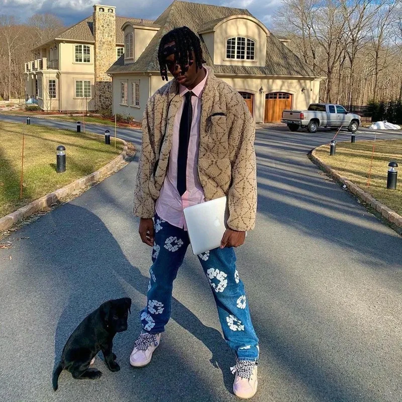 

2022 2021 Vibe Стиль шикарные Хлопковые Штаны с принтом Kanye West винтажные мужские джинсы-карандаш ретро стирка хип-хоп женские тонкие Kpop джинсы