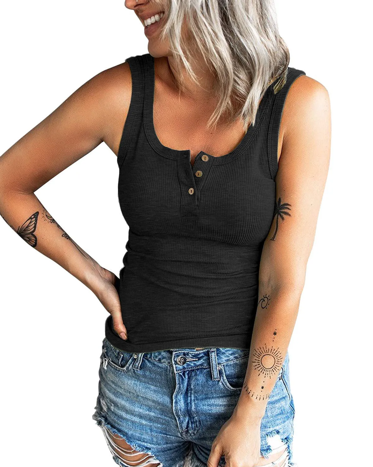 

2022 Summer Tank Top Women Solid Thread Button Slim Tank Top Sleeveless T-Shirt Female Skinny Sexy Women Top Casual Vest