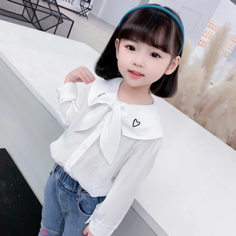 

Embroidery Kids Girls Sleeve Shirts Long Cat Collar White Cotton Blouse Tops Ropa De roupas
