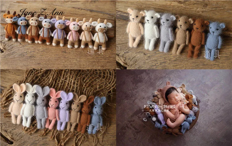 Handmade mink plush dolls knitted calf rabbit bear mouse newborn full moon photography props