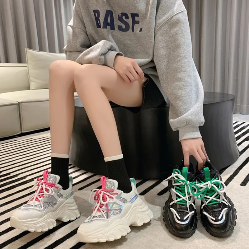 

2022 new spring and autumn women'sContrast lace shoes thick-soled platform shoes leather height-increasing shoes