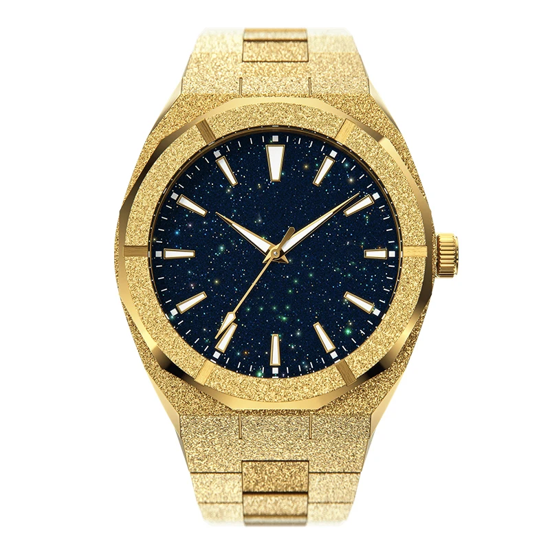 18K Gold Quartz Analog Wrist Watch for Men High Quality Men Fashion Frosted Star Dust Watch Stainless Steel