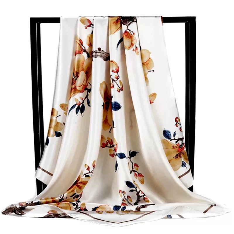 

Europe And America 90X90CM Kerchief New Flower Sunscreen Bandannas Four Seasons Fashion Silk Scarves Popular Print Square Shawls