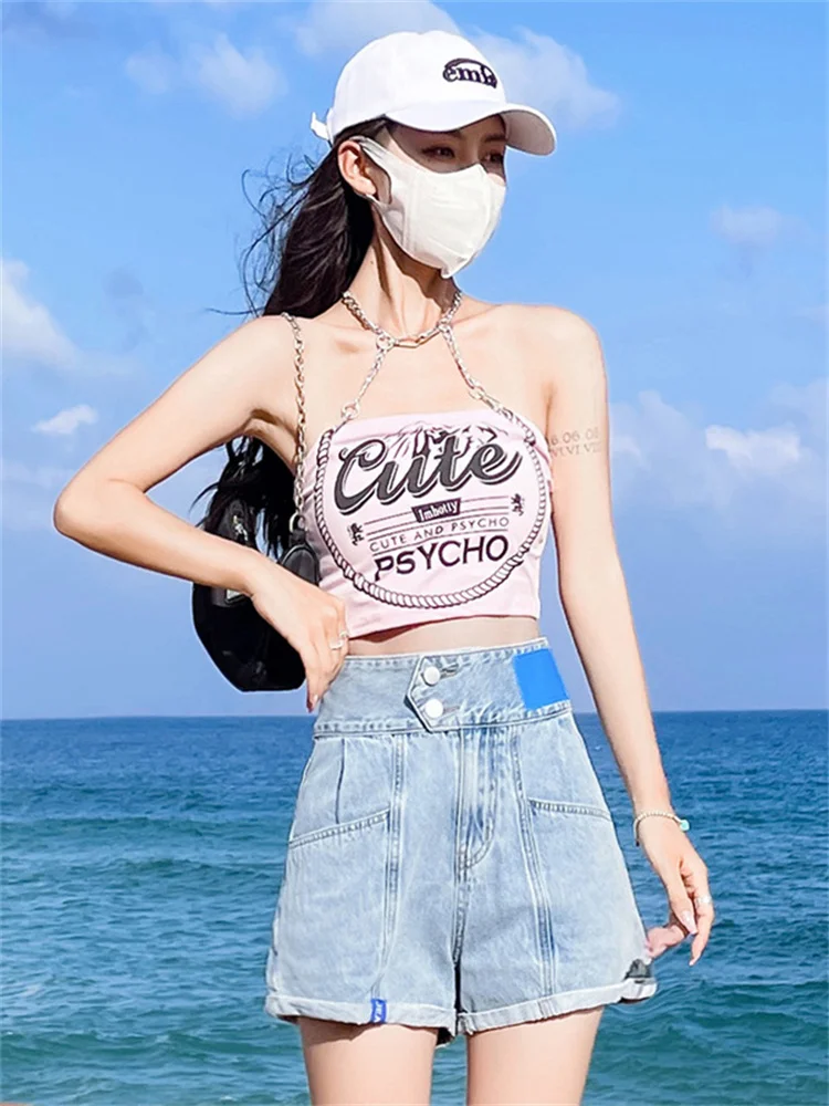 Женские короткие джинсы с карманами на спине светло-голубые брюки высокой талией