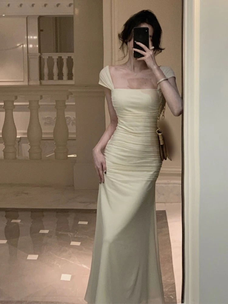 

Elegant Women Slim Wedding Mermaid Dresses Summer Ladies Evening Birthday Party Vestido Female Square Neck Robe