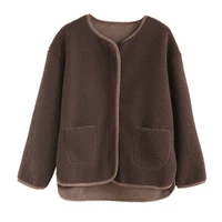 lamb plush coat womens autumn and winter style plush thickened round neck zipper long sleeve loose warm top cardigan