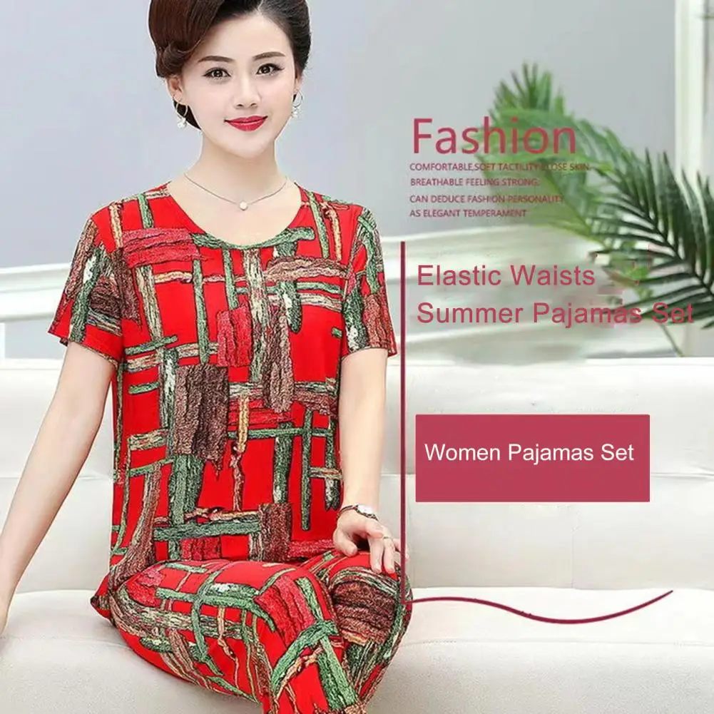

Mid-aged 2 Pcs/Set Trendy Casual Quick Dry Mid-aged Women Set Round Necks Summer Pajamas Set Loose for Home