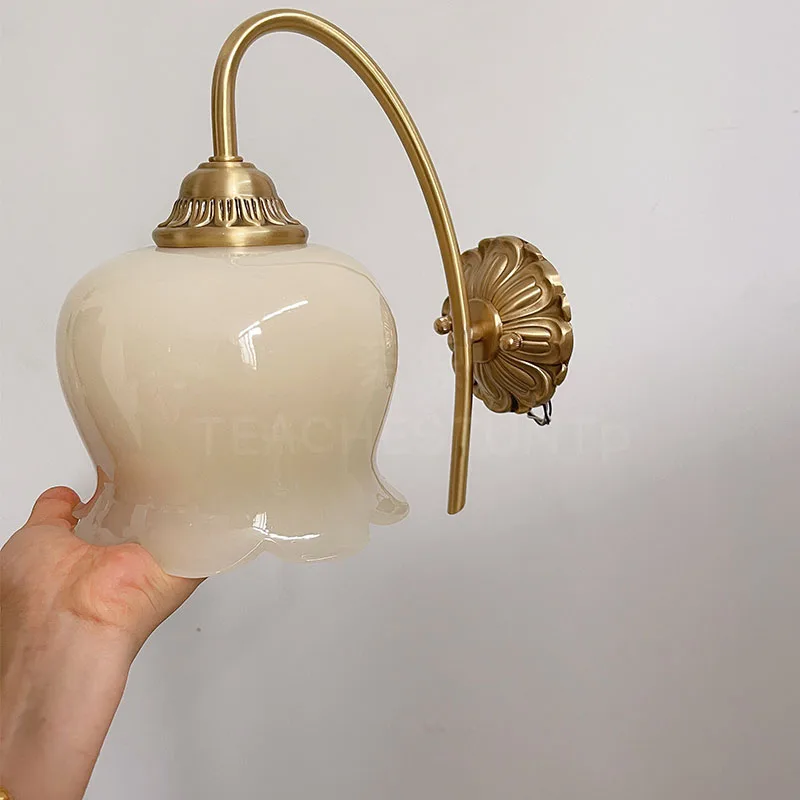 Bell Orchid Flower Cream Simple Wall Lamp Bedroom Bedside Living Room All Copper Corridor Background Decorative
