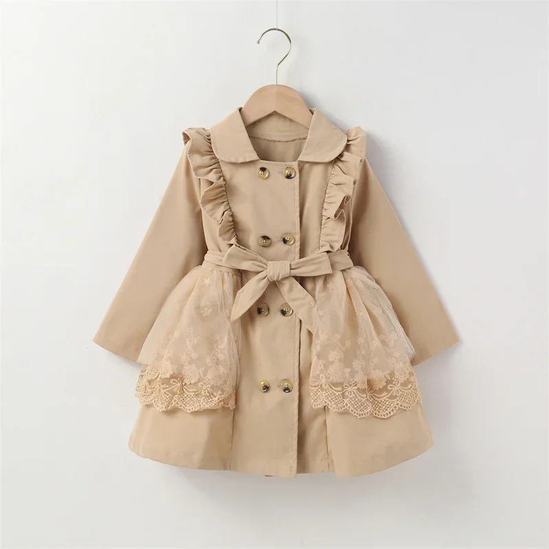 

2-7Y Kids Girls Trench Coat Baby Autumn Winter Clothing Lace Trim Long Sleeve Lapel Double-breasted Windbreaker Children Outwear