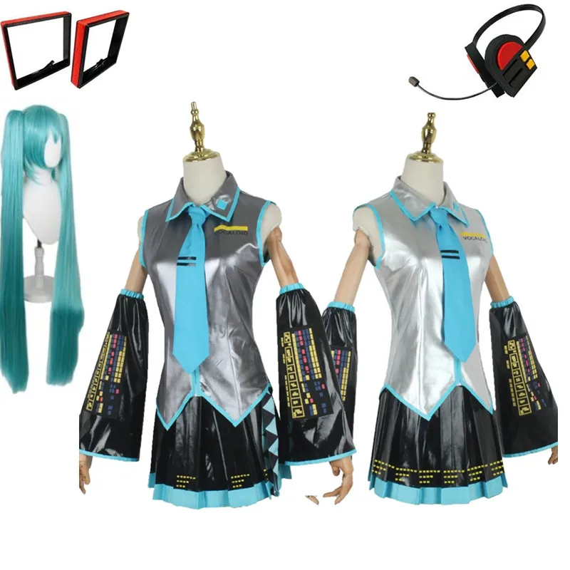 Аниме Вокалоид Мику косплей костюм из искусственной кожи Миди платье для девочек