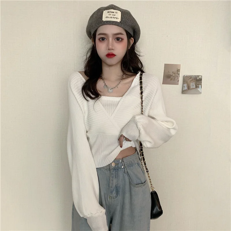 Поддельные два свитера для женщин 2024 весна-осень новые сексуальные вязаные с