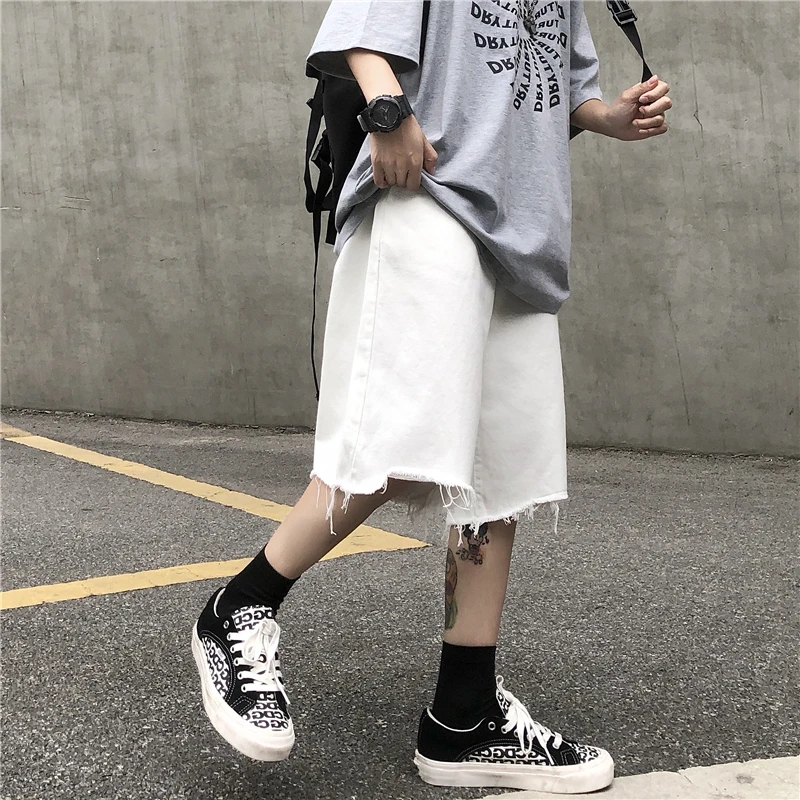 Tattered Raw Edge White Denim Shorts Men's Summer Outer Wear Trendy Five-point Pants Ins Ruffian Handsome Pants Clothes