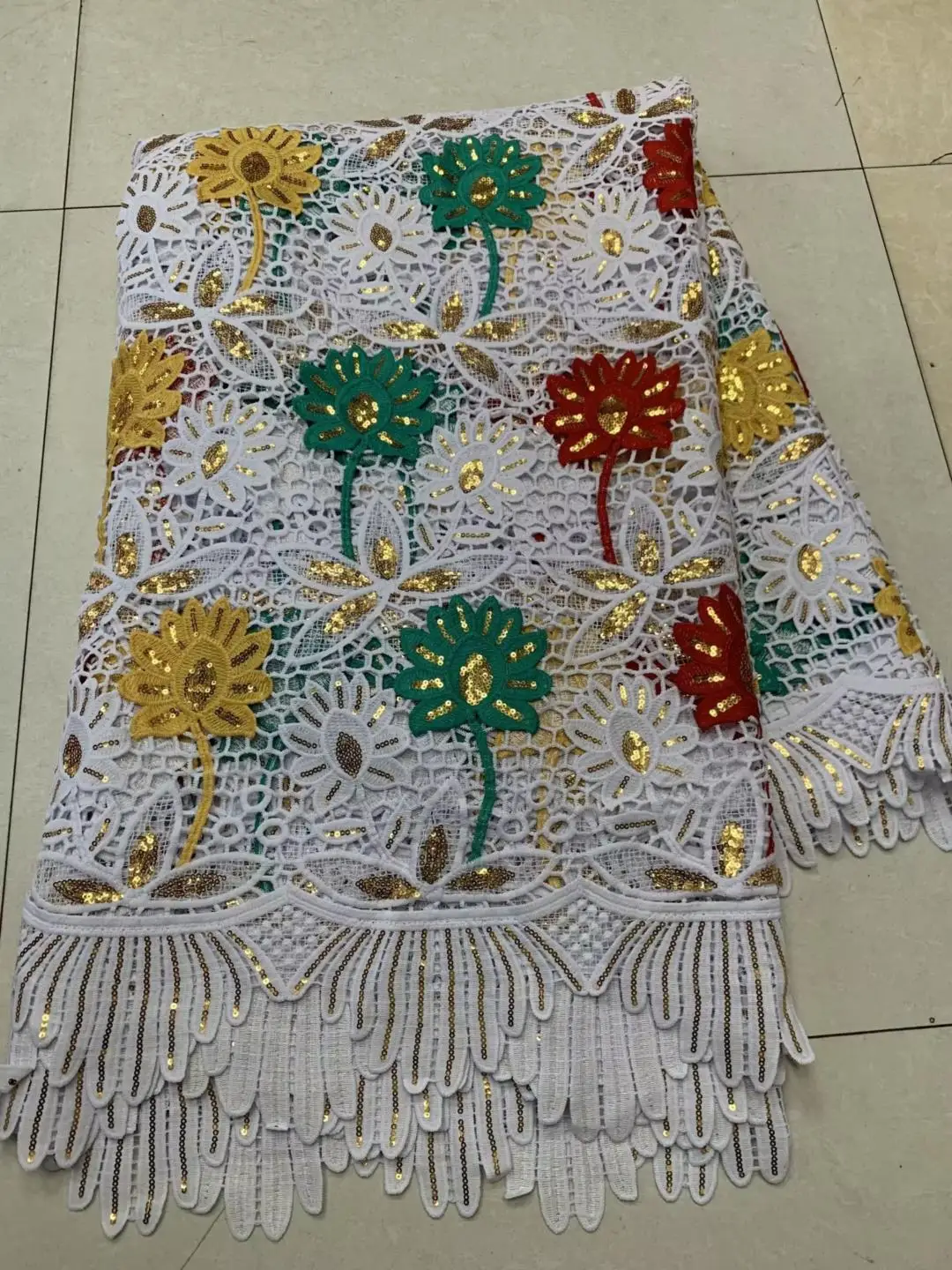 

Golden Sequined African Lace Fabric, Nigerian Guipure Cord Lace, For Wedding Dress, High Quality, Latest, 5 Yards, VV2348, 2023