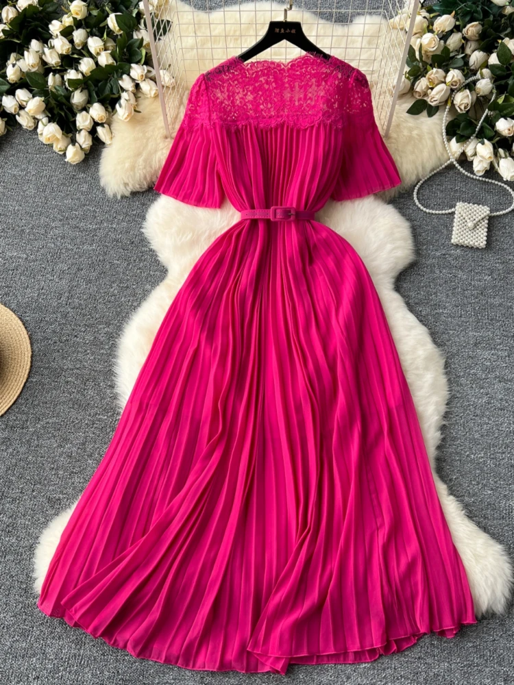 Женское элегантное Плиссированное длинное платье летние кружевные винтажные