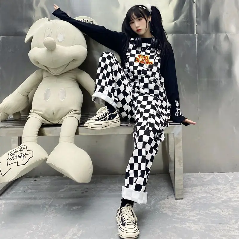 Street Hip-hop Harajuku Girl Cow Print Black and White Check Overalls Overalls Casual Trousers Baggy Pants Female Fun Suspenders