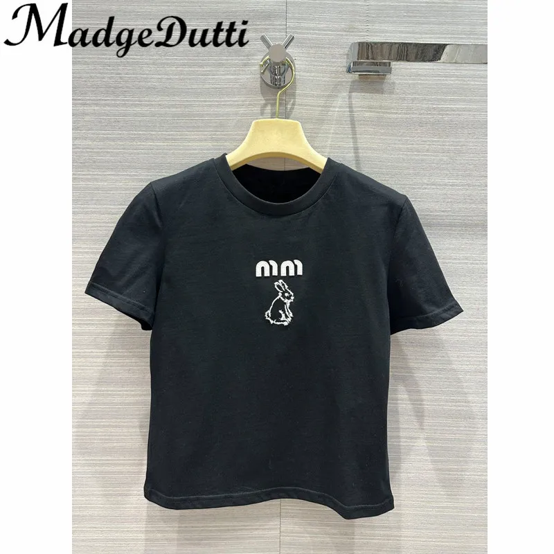 

1.12 MadgeDutti Luxury Art Heavy Indistry Embroidery Rabbit Letter Short Sleeve T-Shirt Women