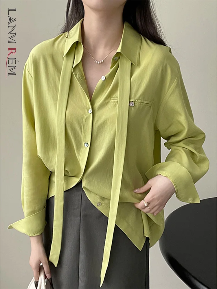 

LANMREM Офисная Женская рубашка с отворотом, однобортный, с длинными рукавами, с соединением, однотонные топы, повседневная женская одежда 2023, летняя Новинка 2YA2004