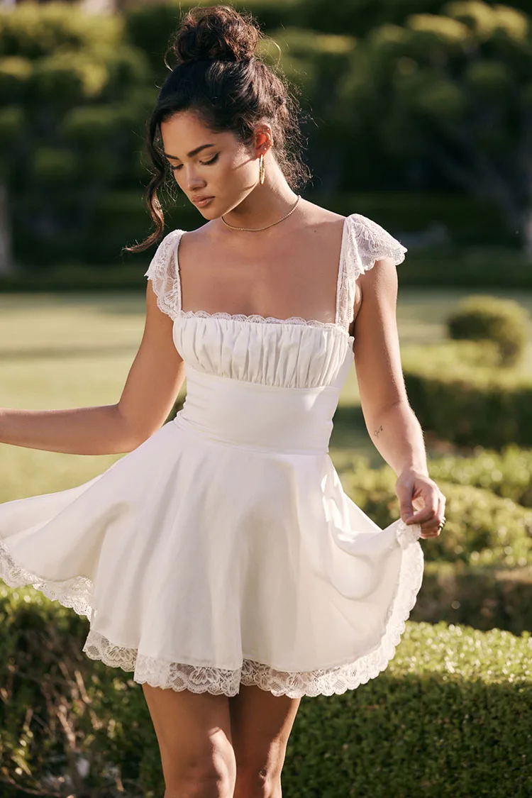 

Women's Summer Dress One-Line Neck Sling Sleeveless Off-the-Shoulder Solid Color Dress Sexy Backless White Lace Dresses