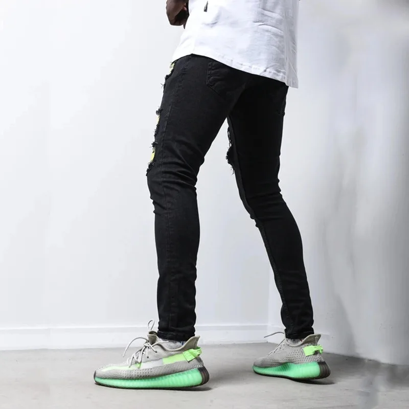 Men's Ripped Skinny Patch Print Casual Jeans Teen's Hip Pop Holes Destroyed Pencil Pants Men Summer Stretchy Biker Slim Jeans