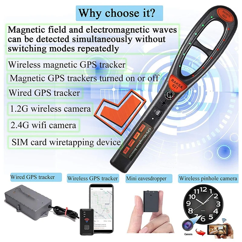 Handheld Security Scanner Wireless GPS Signal Tracker Pinhole Camera Detector Magnetic RF Antenna for Personal Privacy Security enlarge