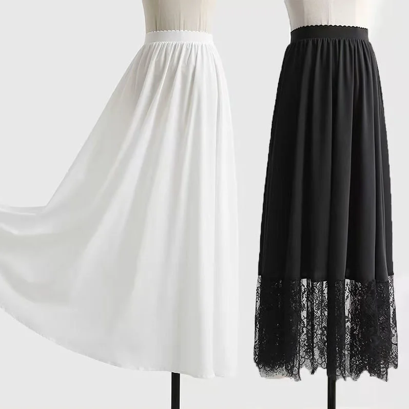 

2023 Chinese Style High Waisted Lining Petticoat Long Pleated Skirt Maxi Bottom Ladies White Black Lace Skirt for Hanfu