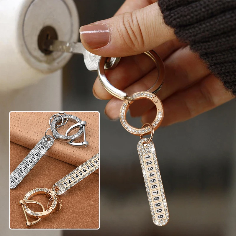 

Fashion Luxury Keychain Diamond Keyring Leather PU Women Men Car Key Ring Anti-lost Phone Number Keyfob Plate Buckle Holder Gift