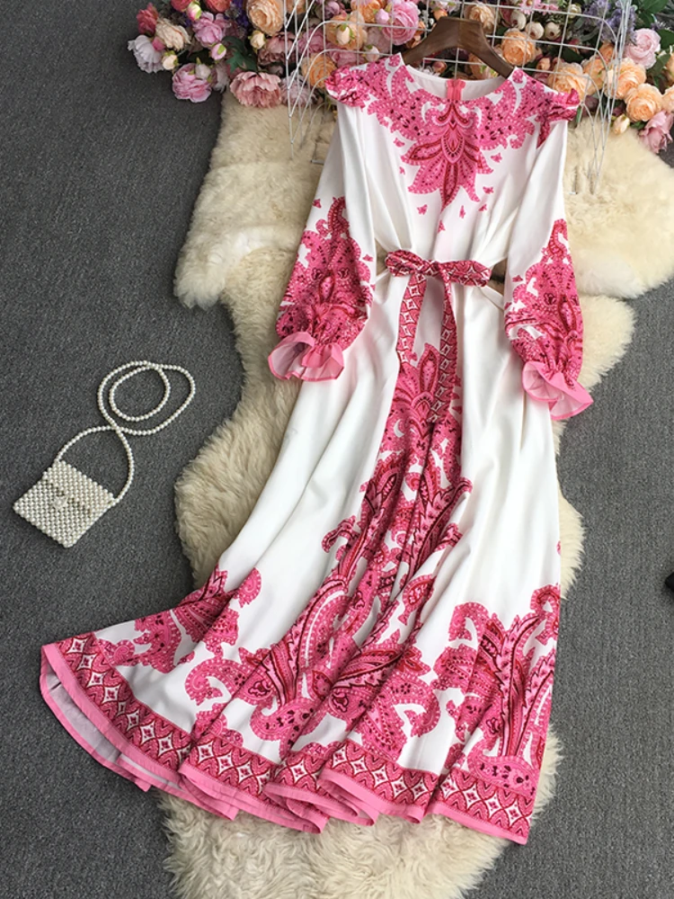 

LY VAREY LIN New Spring Autumn Print Long Dress Women Fashion O-neck Long Sleeve Lace-up Dress Lady Elegant Slim A-line Dresses