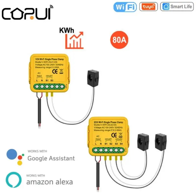 

Умный счетчик энергии CORUI Tuya, Wi-Fi, 80 а, с трансформатором тока, зажимом, кВтч, монитором мощности, статистикой электроэнергии, 110 В, 230 В