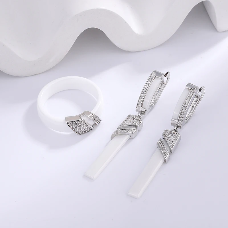 YGL Ceramic Earring Ring For Woman Rhodium Cubic Zirconia Franch Hook Accessories Fashion Jewelry Gift Sets