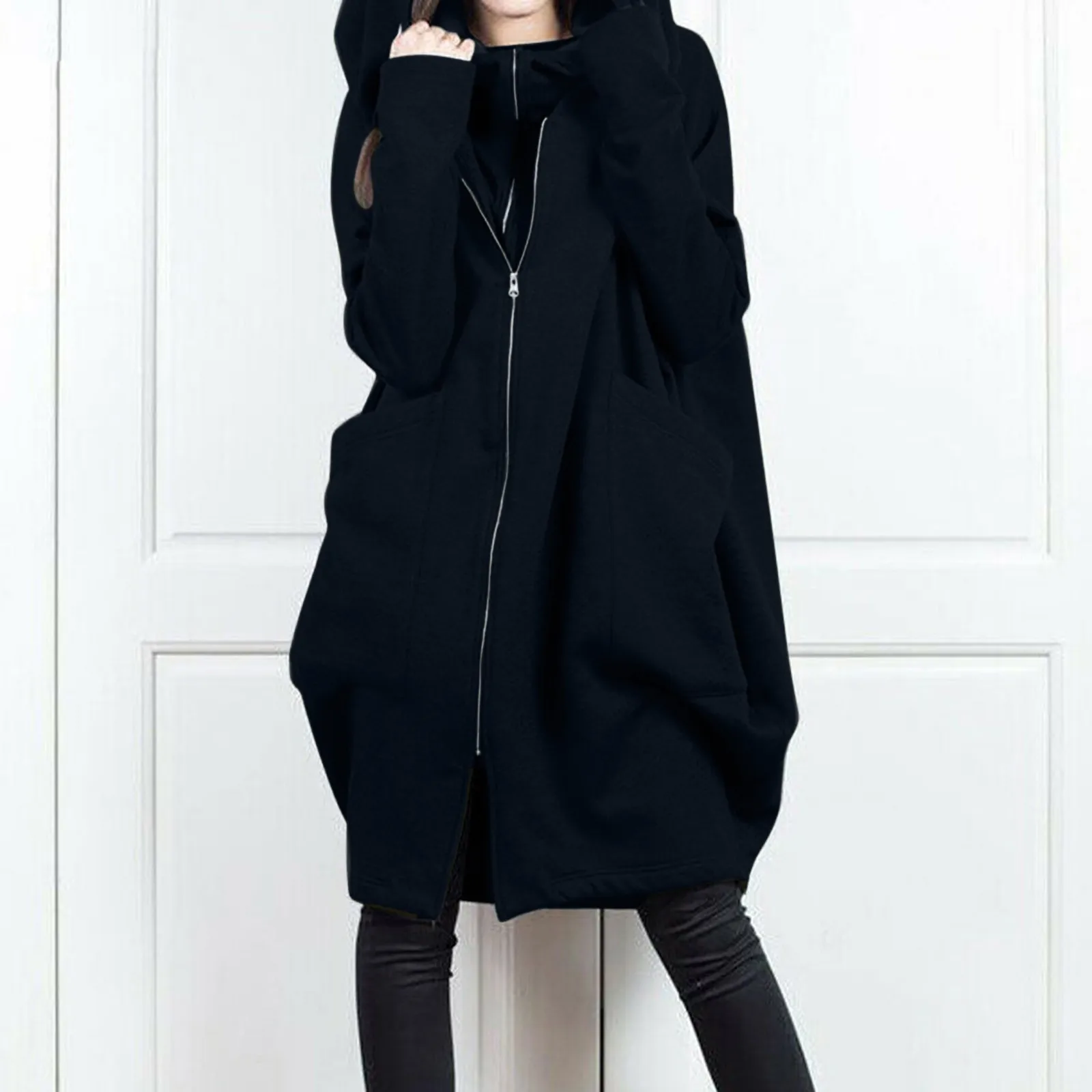 

Solid Color Zip Long Hoodies For Women Casual Long Sleeve Coat Pocket Loose Jacket Long Female Sweatshirt Casual Tops Autumn