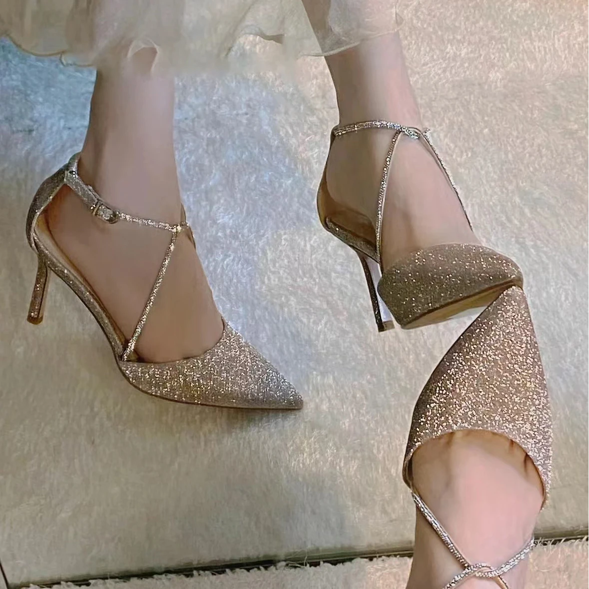 Summer Women Elegant Thin 7cm Heels Sandals Office Lady Dress Shoes Buckle Metal Chain Beauty Woman Pumps