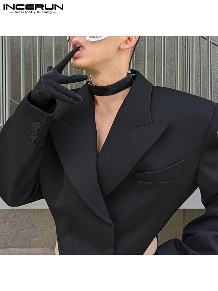 

INCERUN Men Casual Blazer Bodysuits Solid Color Lapel Long Sleeve Hollow Out Backless Suits 2022 Sexy Streetwear Men Clothing