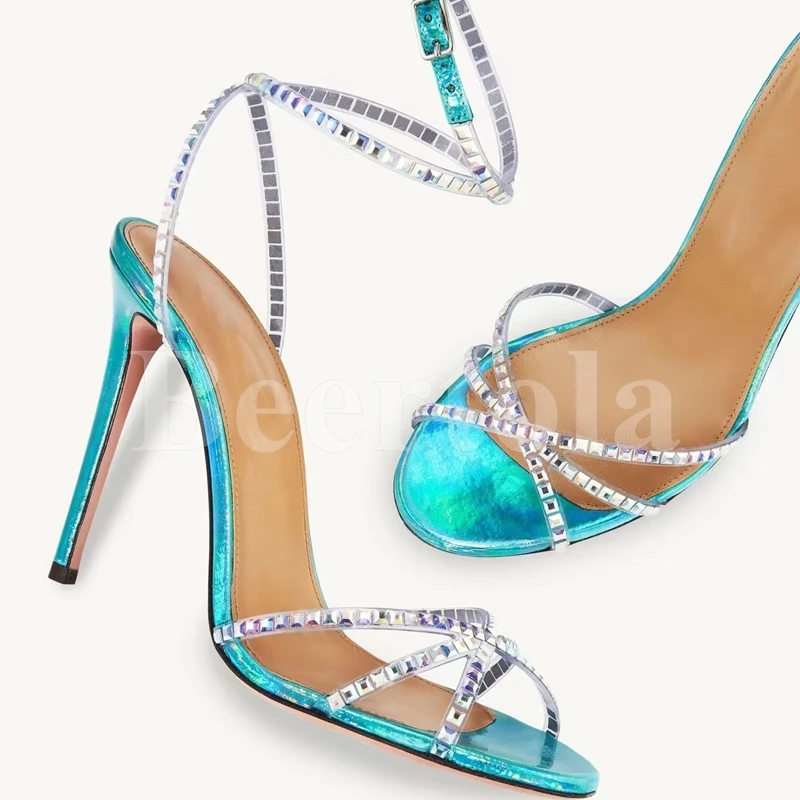 

2023 Elegant Lady Rhinestone Thin Heel Sandals Open Toe Crystal Ankle Cross Buckle Strap Stilettos Woman Slingback Banquet Shoes