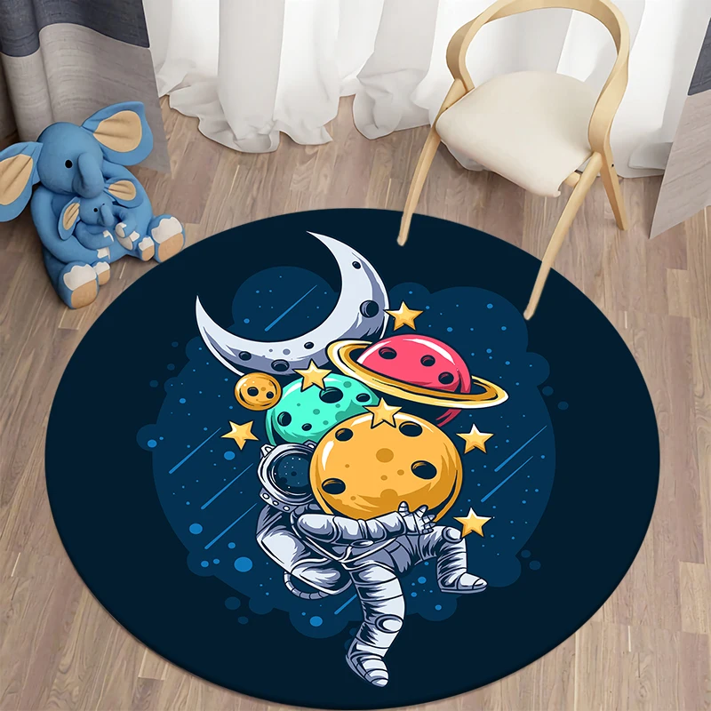 Spaceman Round Rug Cartoon Round Carpet for Living Room Kids Room Astronaut Floor Mat Children Bedroom Soft Kitchen Area Rug