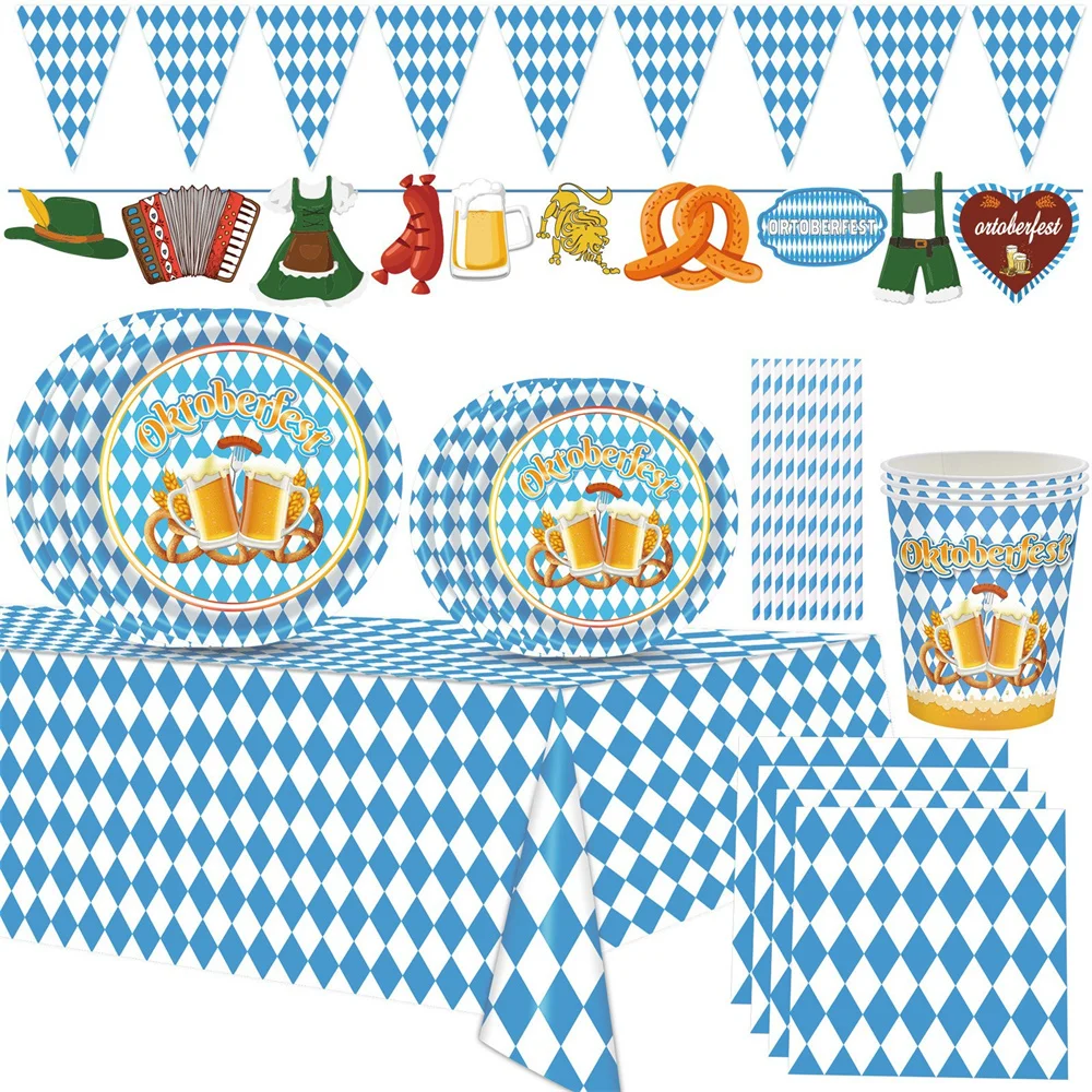 Munich Oktoberfest Theme Party Supplies Carnival Decor Disposable Tableware Rave Festival Home Decorations Plaid Dinnerware Set