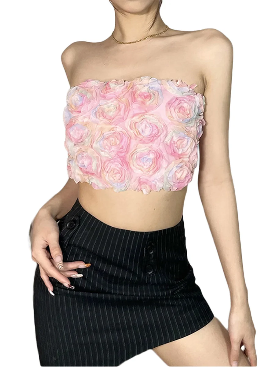 

Летний женский жилет без рукавов Txlixc, плиссированная майка с 3D цветочным узором, Топ без бретелек с открытой спиной, без бретелек