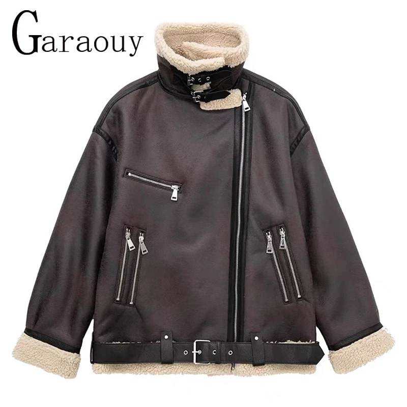 Garaouy2022 Faux Suede Lambswool Overcoat Retro Belt Winter Oversized Women Motorcycle Jacket Lapel Thicker Warm Zip Female Coat